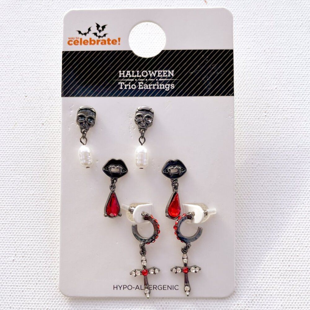 Way to Celebrate Halloween Earrings, Gothic, Silvertone, Black and Red, 3 Pairs